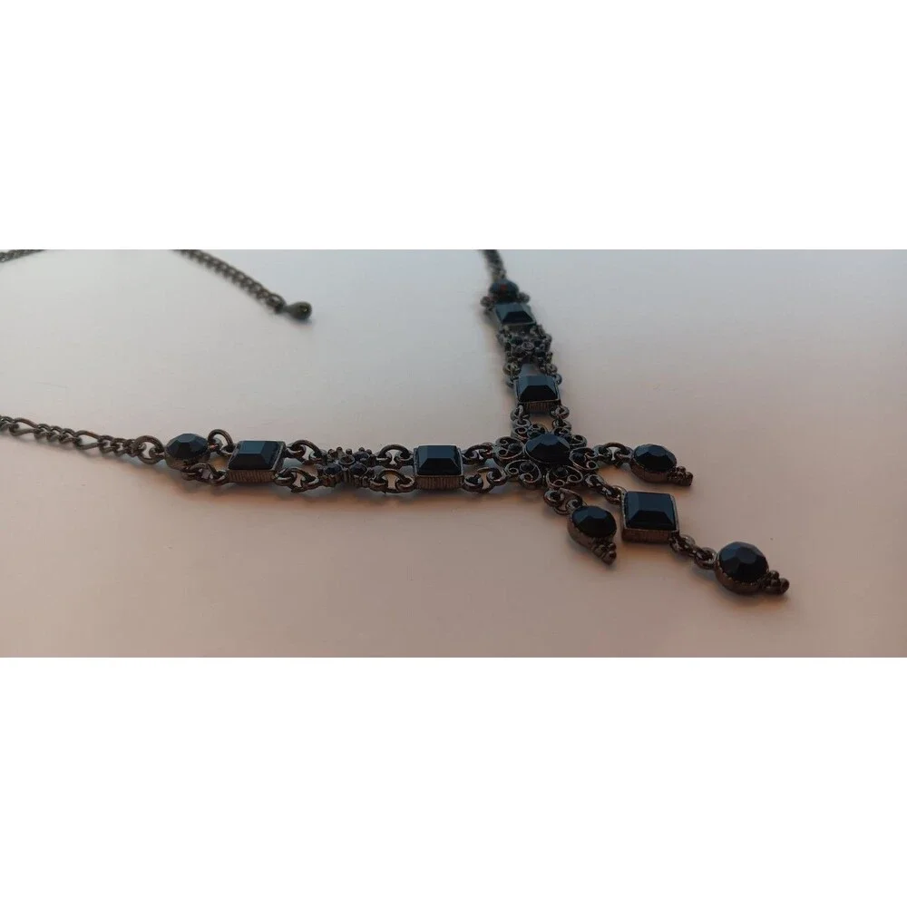 Victorian Revival Black Rhinestone & Gunmetal Y Drop Necklace 17-20 in